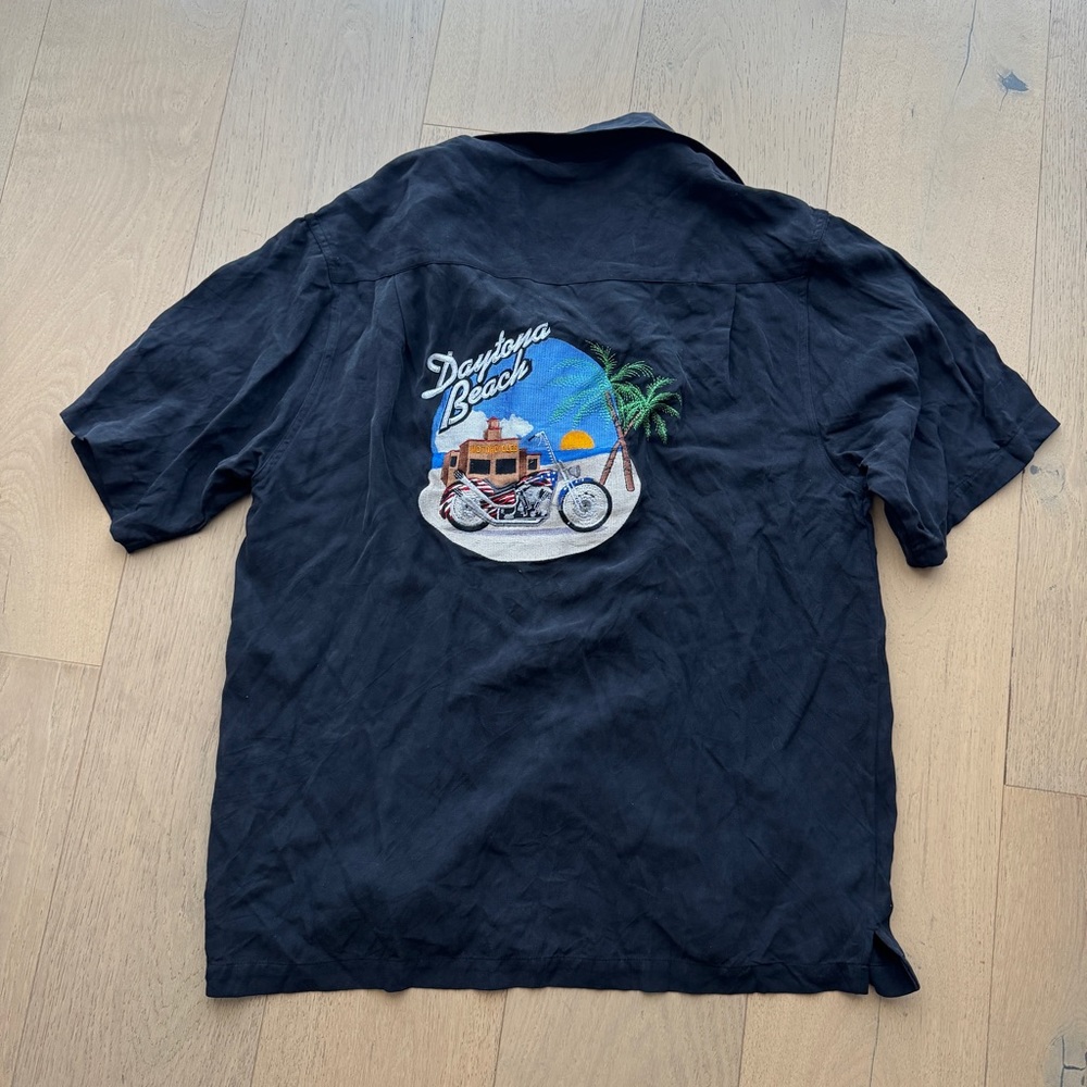Chrome Eagle Daytona Beach Cruiser Mens Black Embroidered Silk Camp Shirt